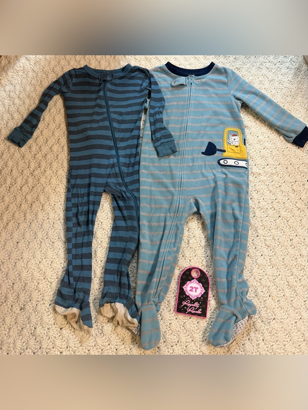 Carter's Blue Striped Footed Pajama Set with Excavator Patch